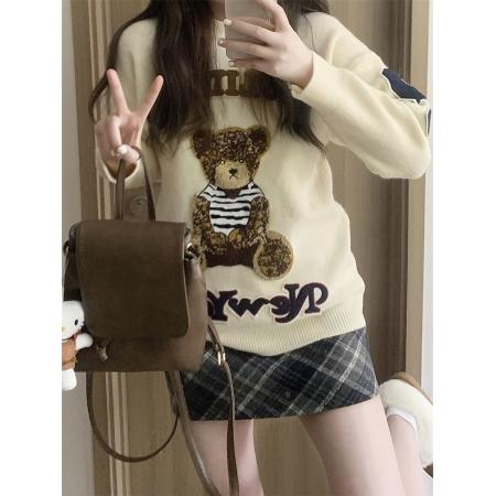 FA49515# 小熊刺绣圆领毛衣女秋冬新款慵懒风宽松显瘦针织衫+格子裙 服裝批發女裝批發服飾貨源