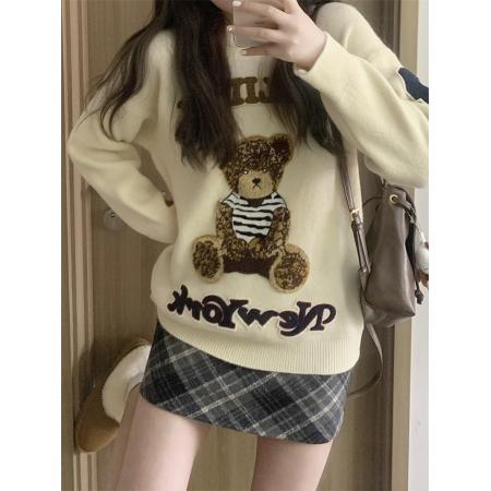 FA49515# 小熊刺绣圆领毛衣女秋冬新款慵懒风宽松显瘦针织衫+格子裙 服裝批發女裝批發服飾貨源
