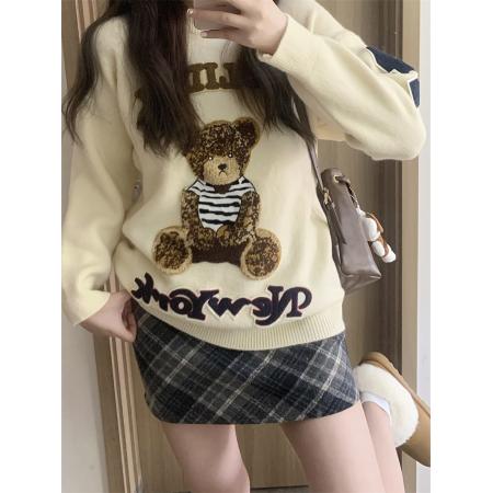 FA49515# 小熊刺绣圆领毛衣女秋冬新款慵懒风宽松显瘦针织衫+格子裙 服裝批發女裝批發服飾貨源