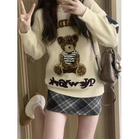 FA49515# 小熊刺绣圆领毛衣女秋冬新款慵懒风宽松显瘦针织衫+格子裙 服裝批發女裝批發服飾貨源