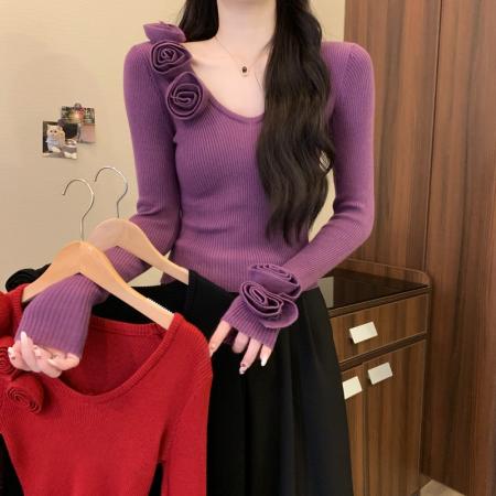 FA49516# 秋冬新款设计感软糯轻熟气质高端掐腰立体花朵长袖针织衫