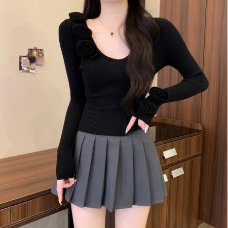 FA49516# 秋冬新款设计感软糯轻熟气质高端掐腰立体花朵长袖针织衫