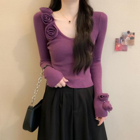 FA49516# 秋冬新款设计感软糯轻熟气质高端掐腰立体花朵长袖针织衫