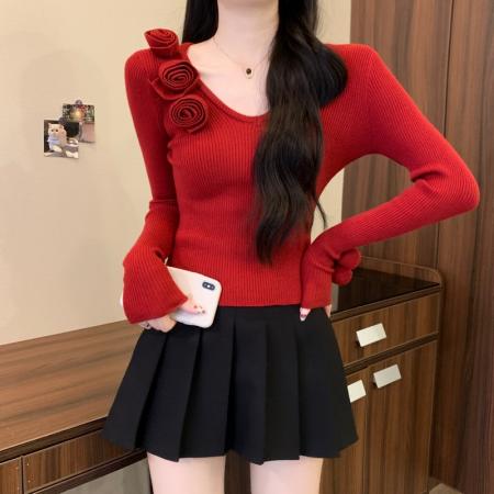 FA49516# 秋冬新款设计感软糯轻熟气质高端掐腰立体花朵长袖针织衫