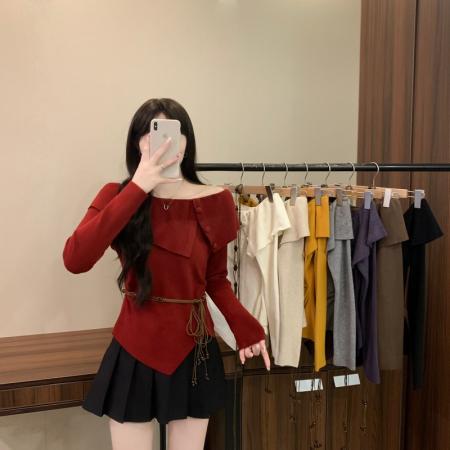 FA49517# 秋冬新款法式荷叶边设计感一字肩不规则修身显瘦针织衫