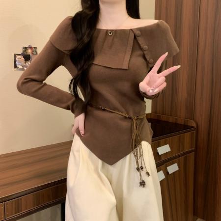 FA49517# 秋冬新款法式荷叶边设计感一字肩不规则修身显瘦针织衫