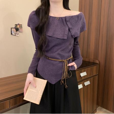 FA49517# 秋冬新款法式荷叶边设计感一字肩不规则修身显瘦针织衫