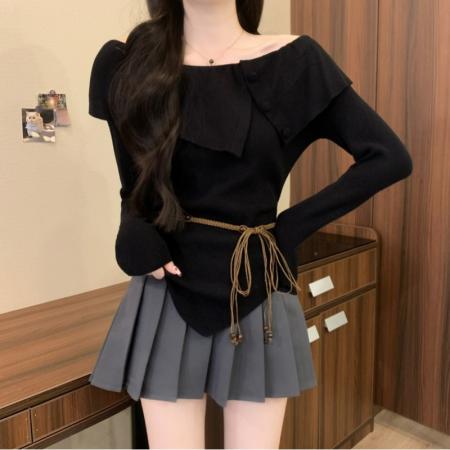 FA49517# 秋冬新款法式荷叶边设计感一字肩不规则修身显瘦针织衫