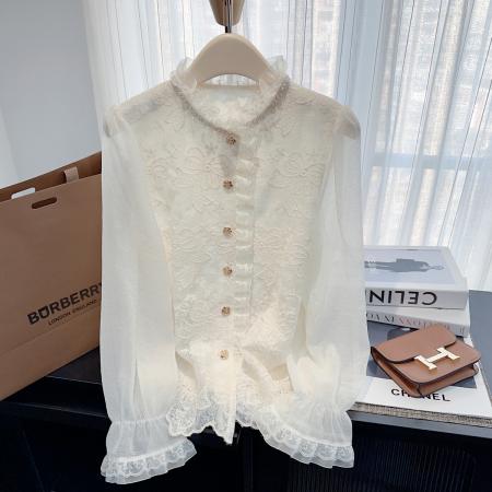 FA49518# 小香风玫瑰花金扣蕾丝花边镂空长袖衬衫春新款小众百搭上衣