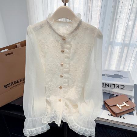 FA49518# 小香风玫瑰花金扣蕾丝花边镂空长袖衬衫春新款小众百搭上衣