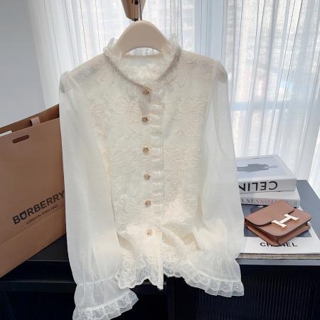 FA49518# 小香风玫瑰花金扣蕾丝花边镂空长袖衬衫春新款小众百搭上衣