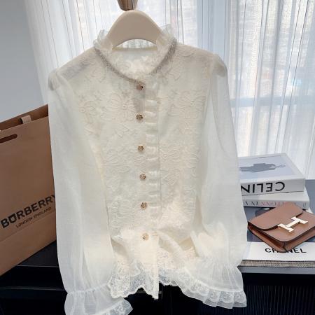 FA49518# 小香风玫瑰花金扣蕾丝花边镂空长袖衬衫春新款小众百搭上衣