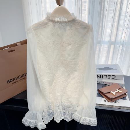 FA49518# 小香风玫瑰花金扣蕾丝花边镂空长袖衬衫春新款小众百搭上衣