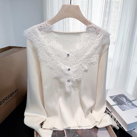 FA49519# 通勤蕾丝花边v领针织衫女春秋新款小众百搭漂亮显瘦上衣