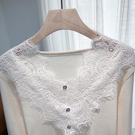 FA49519# 通勤蕾丝花边v领针织衫女春秋新款小众百搭漂亮显瘦上衣