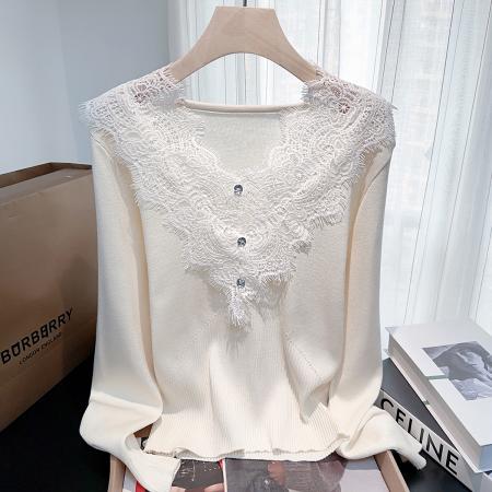 FA49519# 通勤蕾丝花边v领针织衫女春秋新款小众百搭漂亮显瘦上衣