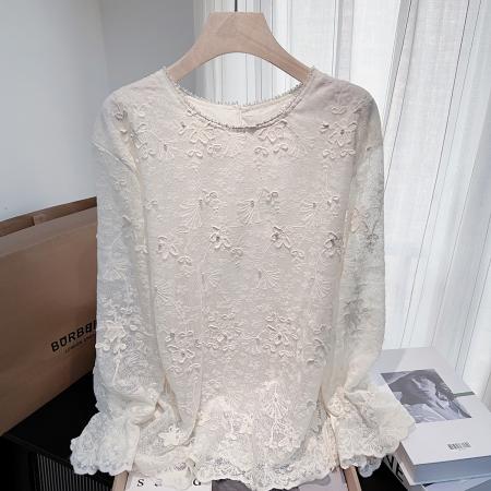 FA49521# 春秋新款蕾丝提花工重高级感衬衫女小众宽松中长款显瘦上衣