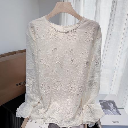 FA49521# 春秋新款蕾丝提花工重高级感衬衫女小众宽松中长款显瘦上衣