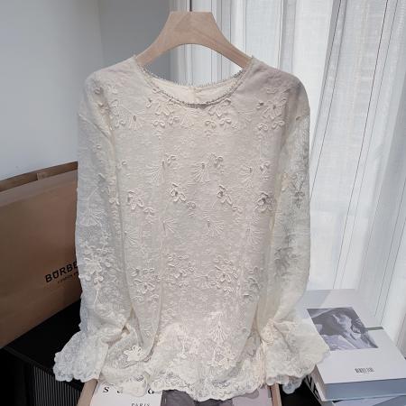 FA49521# 春秋新款蕾丝提花工重高级感衬衫女小众宽松中长款显瘦上衣