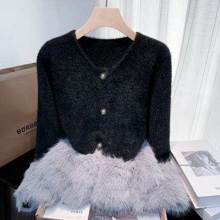 FA49523# 小香风高级感仿貂毛衣外套女秋冬新款宽松针织开衫小众上衣