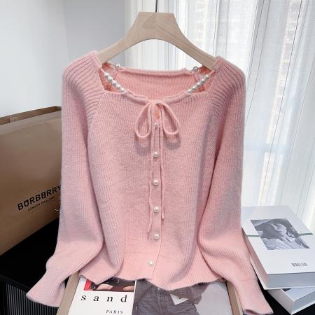 FA49524# 小香风设计感珍珠蝴蝶结金丝绒毛衣秋冬新款时尚百搭针织衫