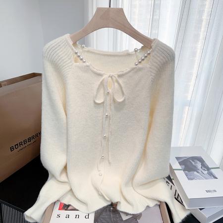 FA49524# 小香风设计感珍珠蝴蝶结金丝绒毛衣秋冬新款时尚百搭针织衫