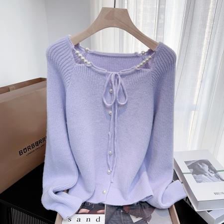 FA49524# 小香风设计感珍珠蝴蝶结金丝绒毛衣秋冬新款时尚百搭针织衫