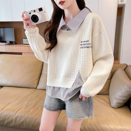 FA49526# 卫衣女秋冬新款慵懒风假两件拼接衬衫女大码宽松长袖上衣