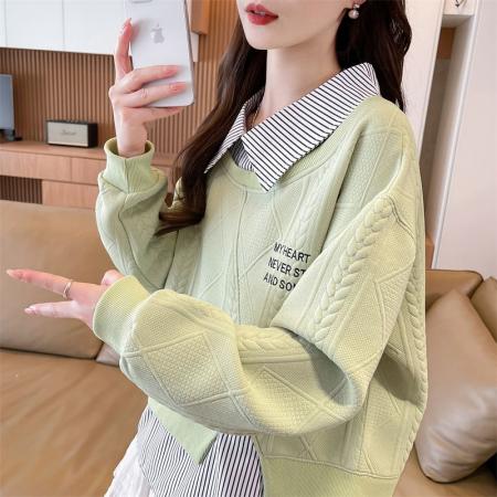 FA49526# 卫衣女秋冬新款慵懒风假两件拼接衬衫女大码宽松长袖上衣