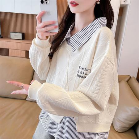 FA49526# 卫衣女秋冬新款慵懒风假两件拼接衬衫女大码宽松长袖上衣