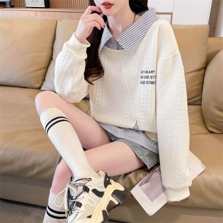 FA49526# 卫衣女秋冬新款慵懒风假两件拼接衬衫女大码宽松长袖上衣
