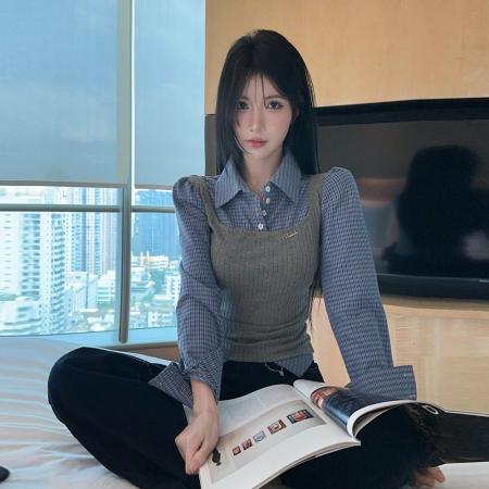 FA49528# 美式辣妹假两件格子拼接翻领长袖衬衫时尚复古气质百搭显瘦上衣女