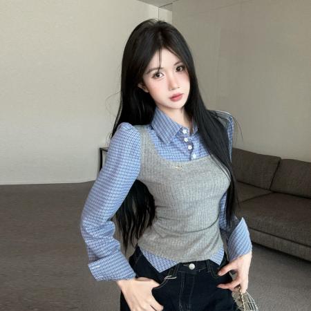 FA49528# 美式辣妹假两件格子拼接翻领长袖衬衫时尚复古气质百搭显瘦上衣女