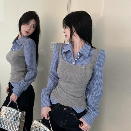 FA49528# 美式辣妹假两件格子拼接翻领长袖衬衫时尚复古气质百搭显瘦上衣女