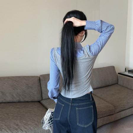 FA49528# 美式辣妹假两件格子拼接翻领长袖衬衫时尚复古气质百搭显瘦上衣女