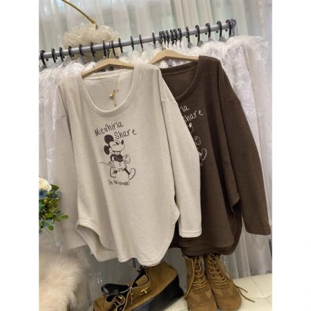 FA49531# 韩版新款时尚气质卡通印花长袖T恤女宽松显瘦加绒软糯