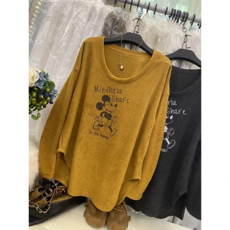 FA49531# 韩版新款时尚气质卡通印花长袖T恤女宽松显瘦加绒软糯