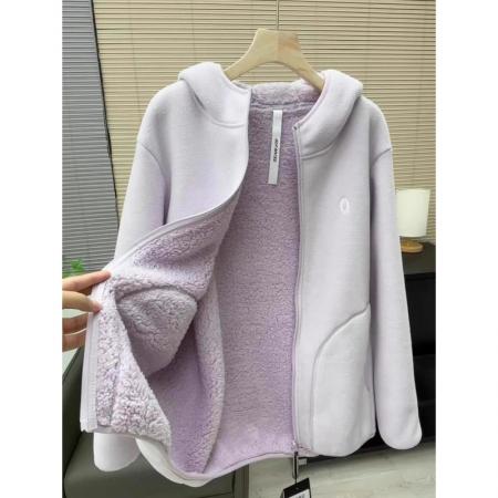 FA49532# 香芋紫羊羔颗粒绒棉服外套女冬加绒加厚保暖棉衣户外运动连帽卫衣