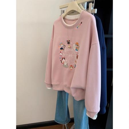 FA49533# 粉色双层圆领刺绣猫咪套头加绒卫衣女秋冬可爱风减龄宽松慵懒上衣