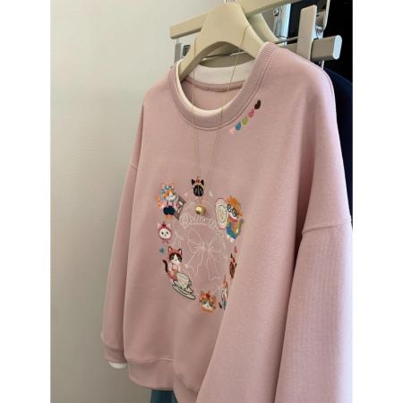 FA49533# 粉色双层圆领刺绣猫咪套头加绒卫衣女秋冬可爱风减龄宽松慵懒上衣