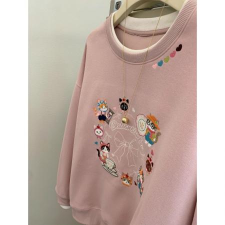 FA49533# 粉色双层圆领刺绣猫咪套头加绒卫衣女秋冬可爱风减龄宽松慵懒上衣