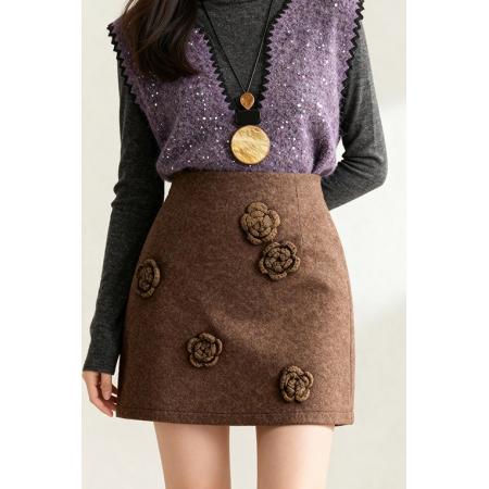 FA49537# 简约百搭气质感重工立体花朵呢子短裙女秋冬高腰显瘦一步裙