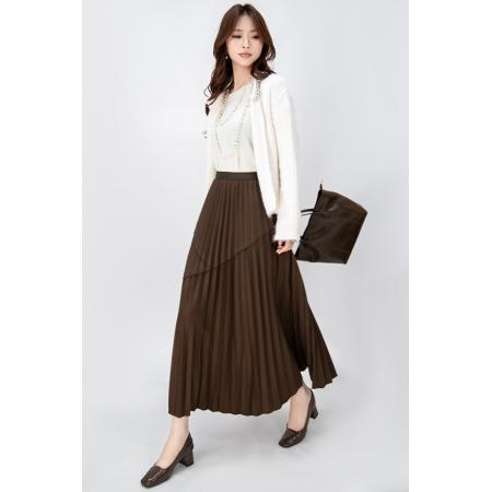 FA49538# 高级感撞色拼接百褶裙女秋冬高腰显瘦大摆半身裙中长裙