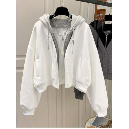 FA49542# 原版华绵复合秋冬季连帽假两件卫衣女韩版拼接设计感开衫外套