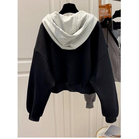 FA49542# 原版华绵复合秋冬季连帽假两件卫衣女韩版拼接设计感开衫外套