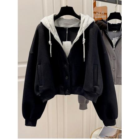FA49542# 原版华绵复合秋冬季连帽假两件卫衣女韩版拼接设计感开衫外套