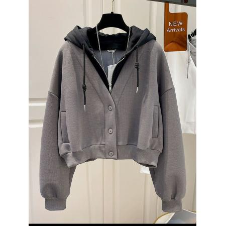 FA49542# 原版华绵复合秋冬季连帽假两件卫衣女韩版拼接设计感开衫外套