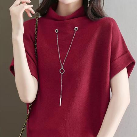 FA49545# 小个子短袖打底衫女洋气春夏新款针织衫半高领设计感上衣