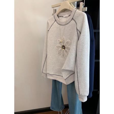 FA49549# 美式复古明线设计无帽套头卫衣女秋冬新款加绒加厚小个子上衣