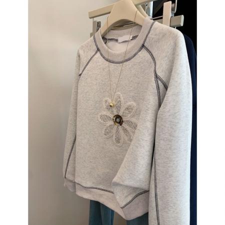 FA49549# 美式复古明线设计无帽套头卫衣女秋冬新款加绒加厚小个子上衣